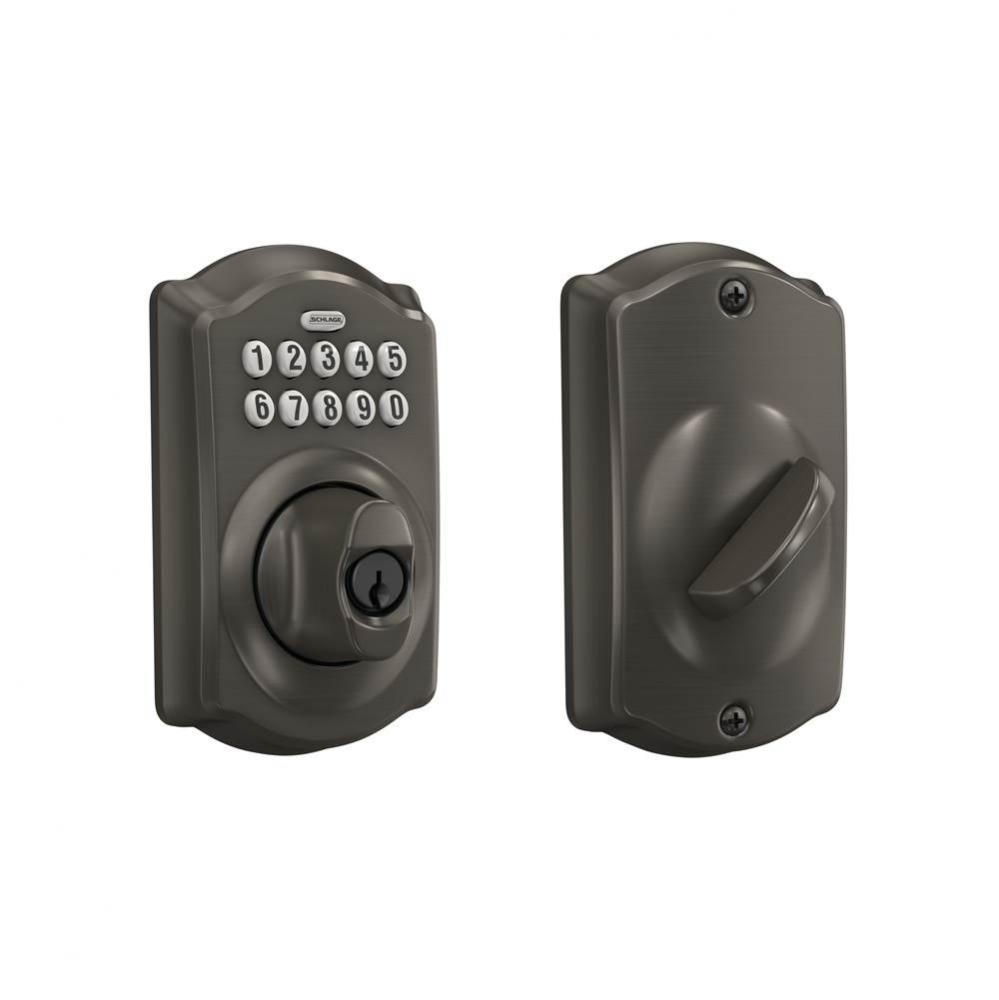 Keypad Deadbolt with Camelot Trim in Black Stainless