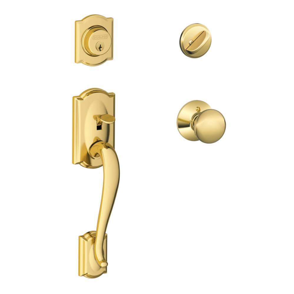Camelot Handleset with Single Cylinder Deadbolt and Plymouth Knob in Bright Brass