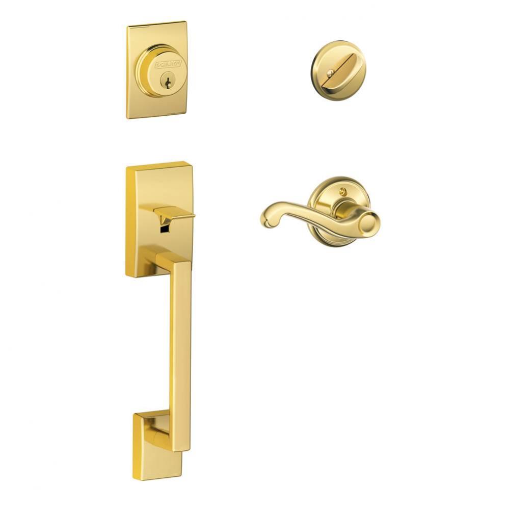 Century Handleset with Single Cylinder Deadbolt and Flair Lever in Bright Brass - Left Handed