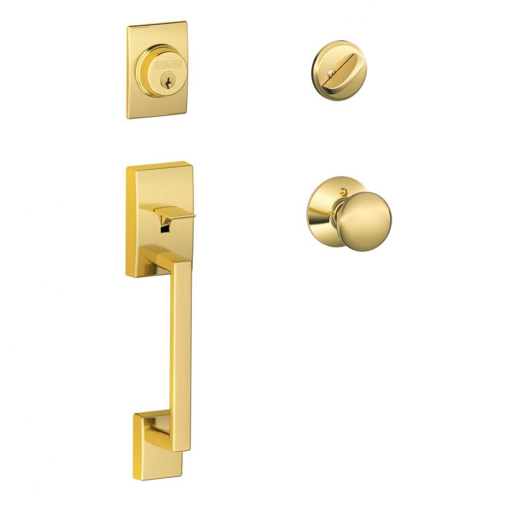 Century Handleset with Single Cylinder Deadbolt and Plymouth Knob in Bright Brass
