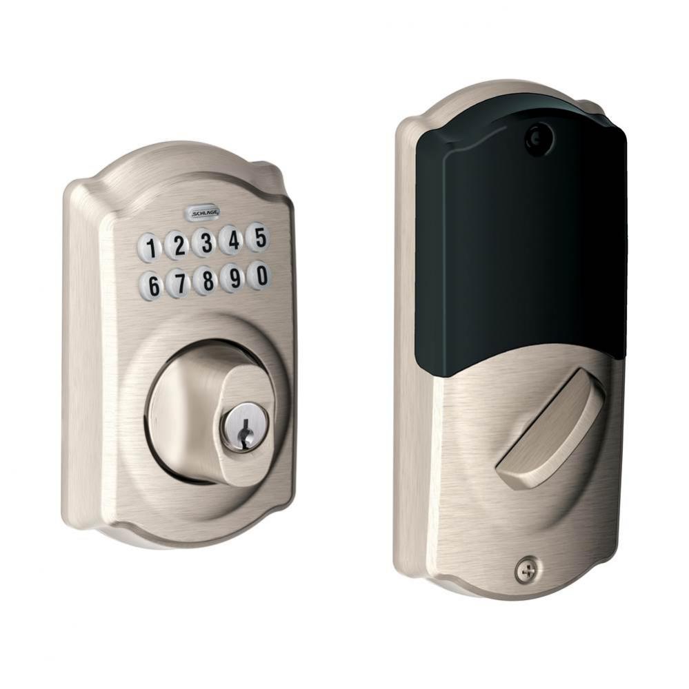 Connected Keypad Deadbolt with Camelot Trim in Satin Nickel