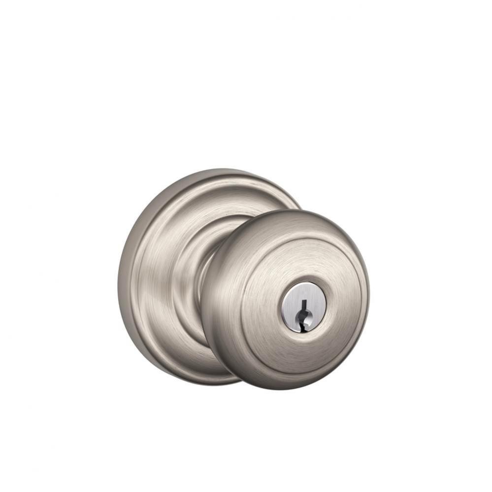 Andover Knob with Addison Trim Keyed Entry Lock in Satin Nickel