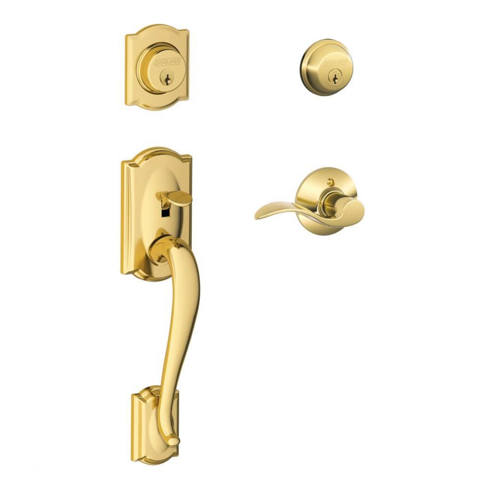 Camelot Handleset with Double Cylinder Deadbolt and Accent Lever in Bright Brass- Left Handed