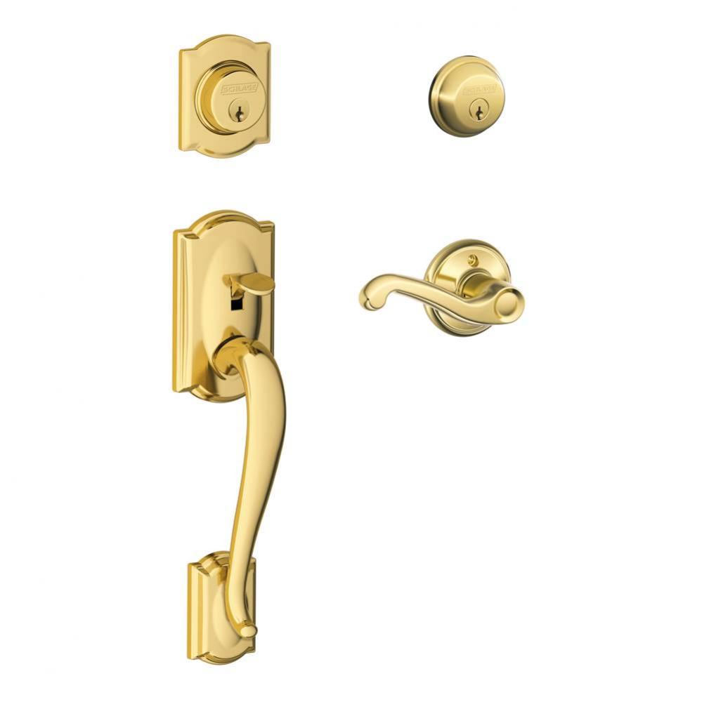Camelot Handleset with Double Cylinder Deadbolt and Flair Lever in Bright Brass - Left Handed