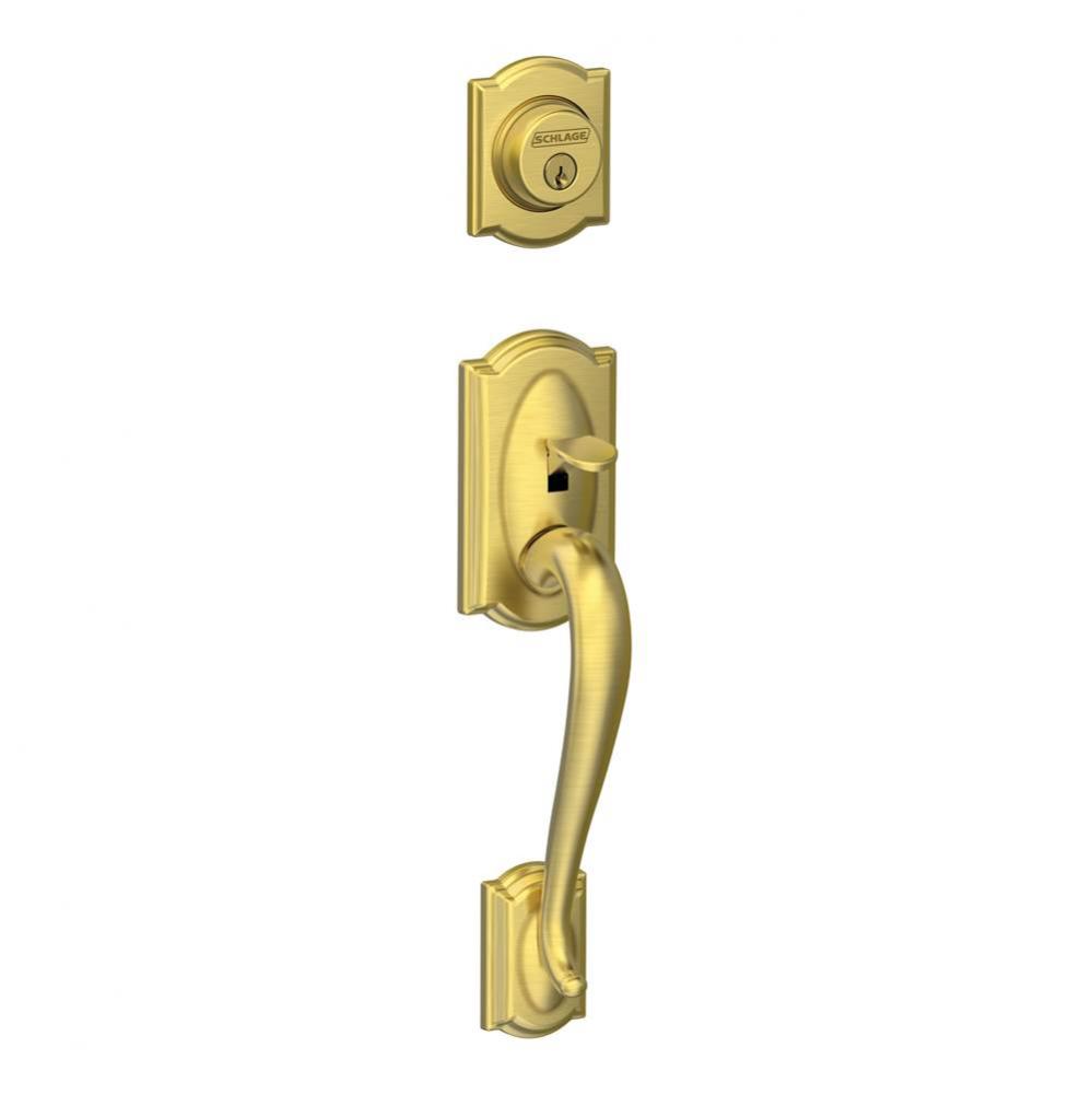 Camelot Exterior Handleset Grip with Exterior Single Cylinder Deadbolt in Satin Brass