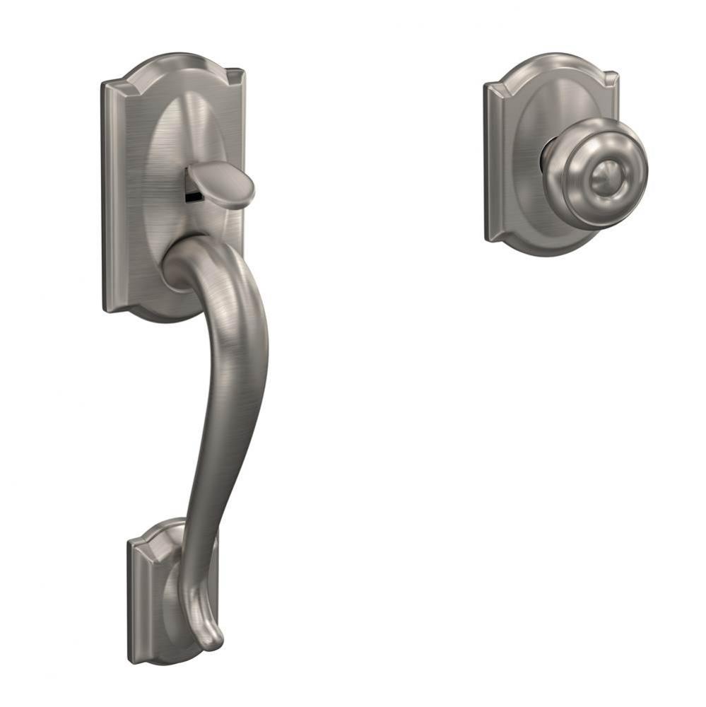 Custom Camelot Front Entry Handle and Georgian Knob with Camelot Trim in Satin Nickel