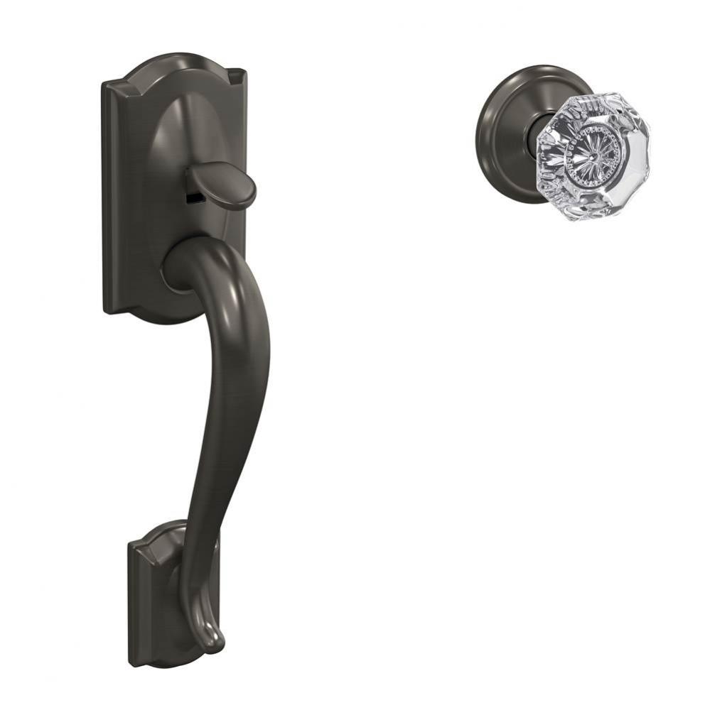 Custom Camelot Front Entry Handle and Alexandria Glass Knob with Alden Trim in Black Stainless