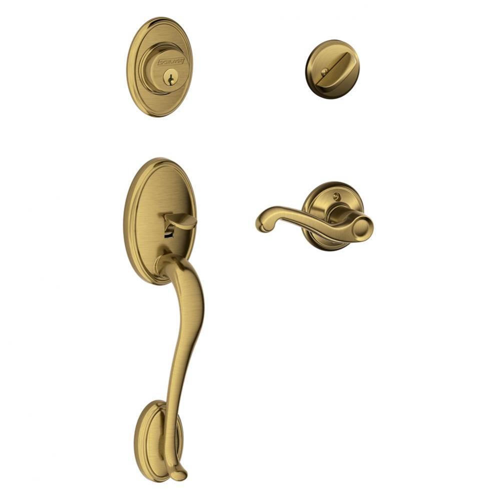 Wakefield Handleset with Single Cylinder Deadbolt and Flair Lever in Antique Brass - Left Handed