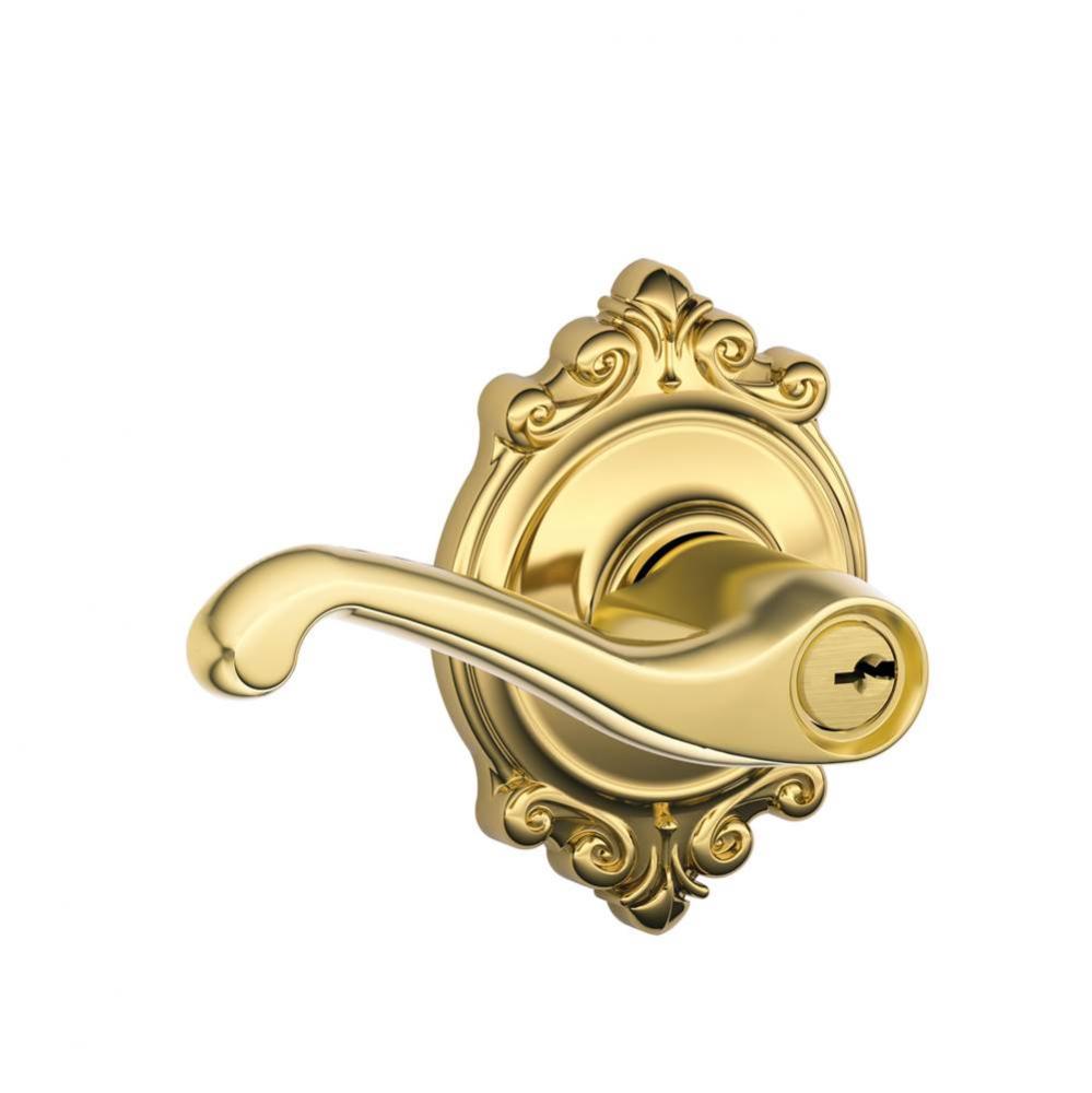 Flair Lever with Brookshire Trim Keyed Entry Lock in Bright Brass