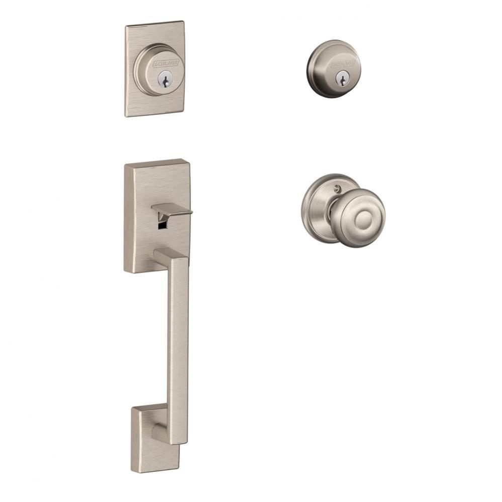 Century Handleset with Double Cylinder Deadbolt and Georgian Knob in Satin Nickel