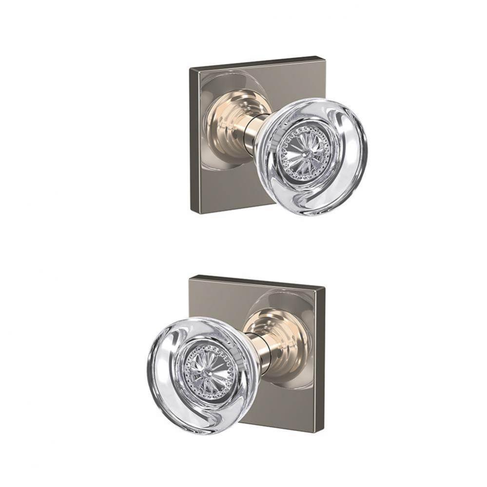 Custom Hobson Glass Knob with Collins Trim Hall-Closet and Bed-Bath Lock in Polished Nickel