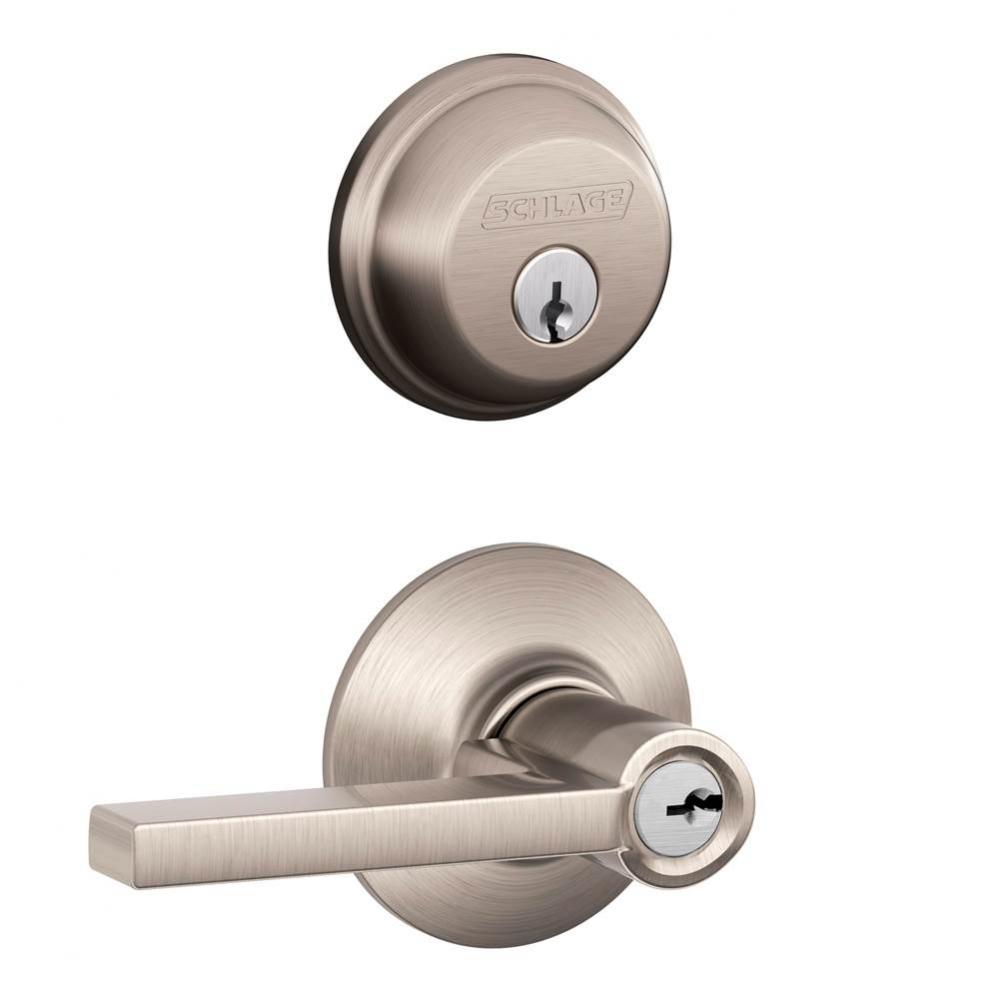 Single Cylinder Deadbolt and Keyed Entry Latitude Lever in Satin Nickel