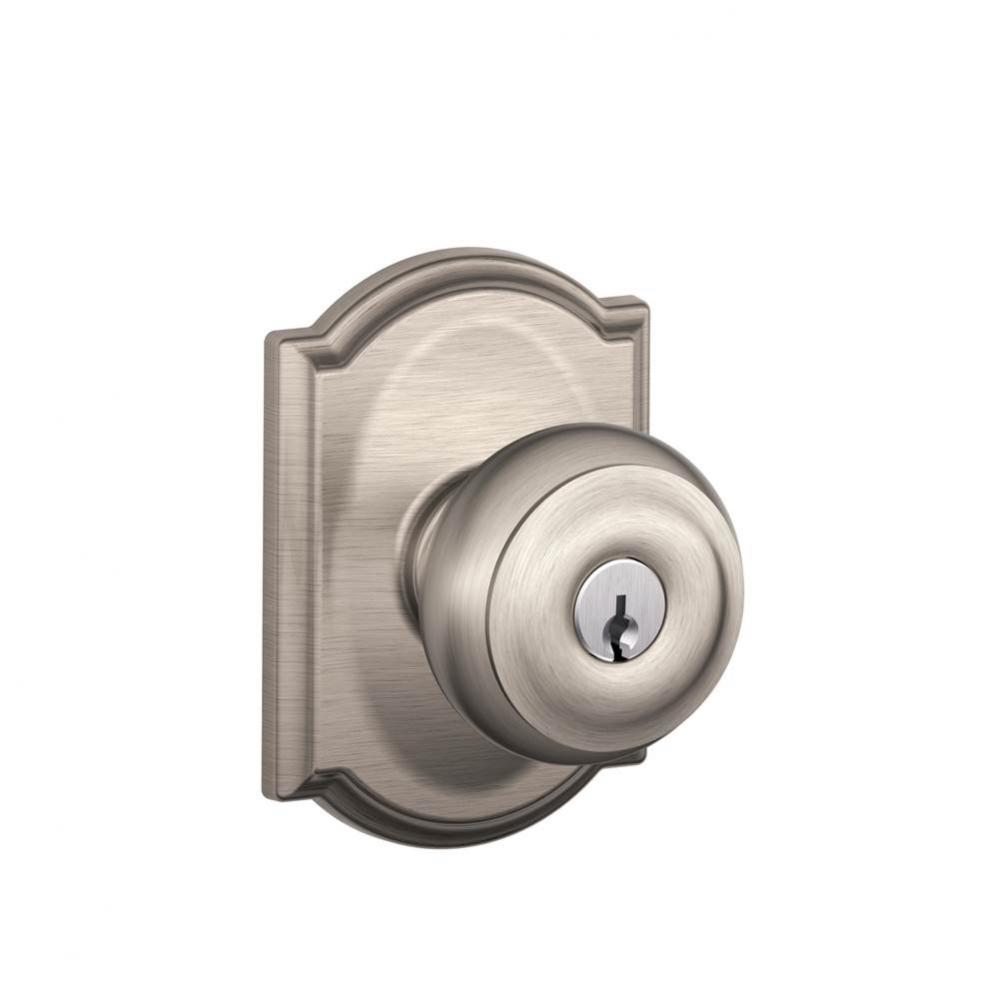 Georgian Knob with Camelot Trim Keyed Entry Lock in Satin Nickel