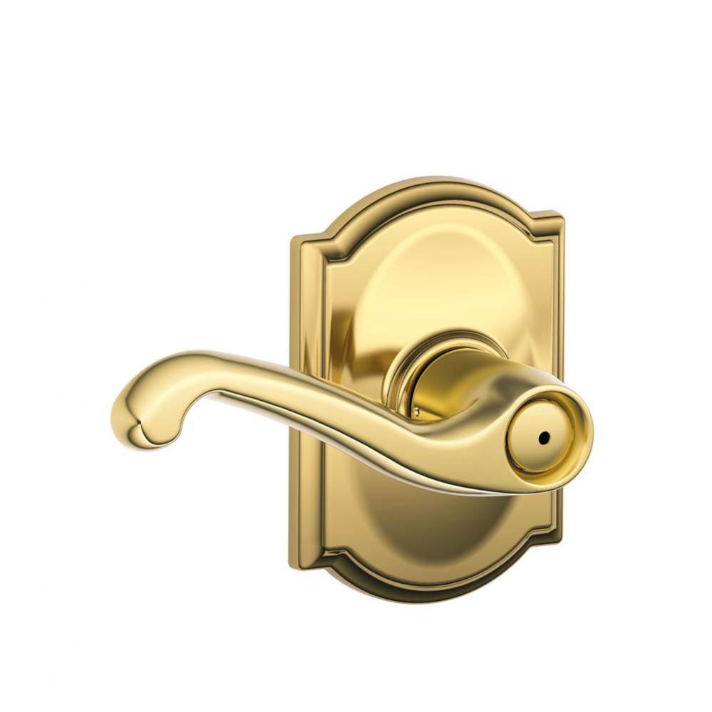 Flair Lever with Camelot Trim Bed and Bath Lock in Bright Brass