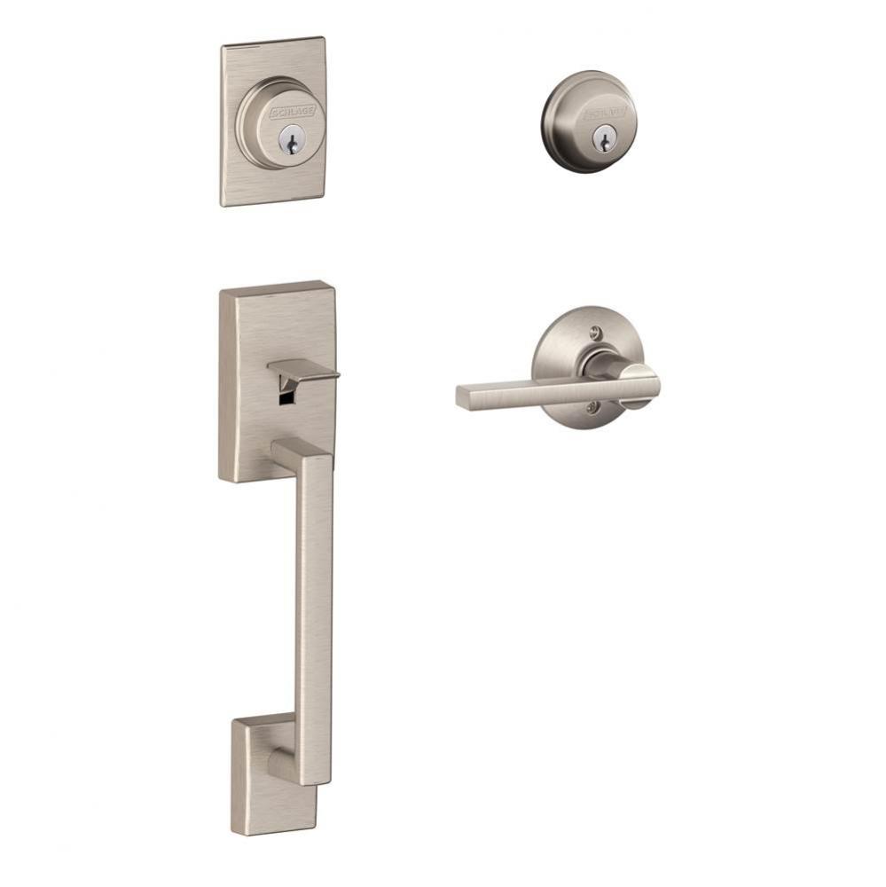 Century Handleset with Double Cylinder Deadbolt and Latitude Lever in Satin Nickel