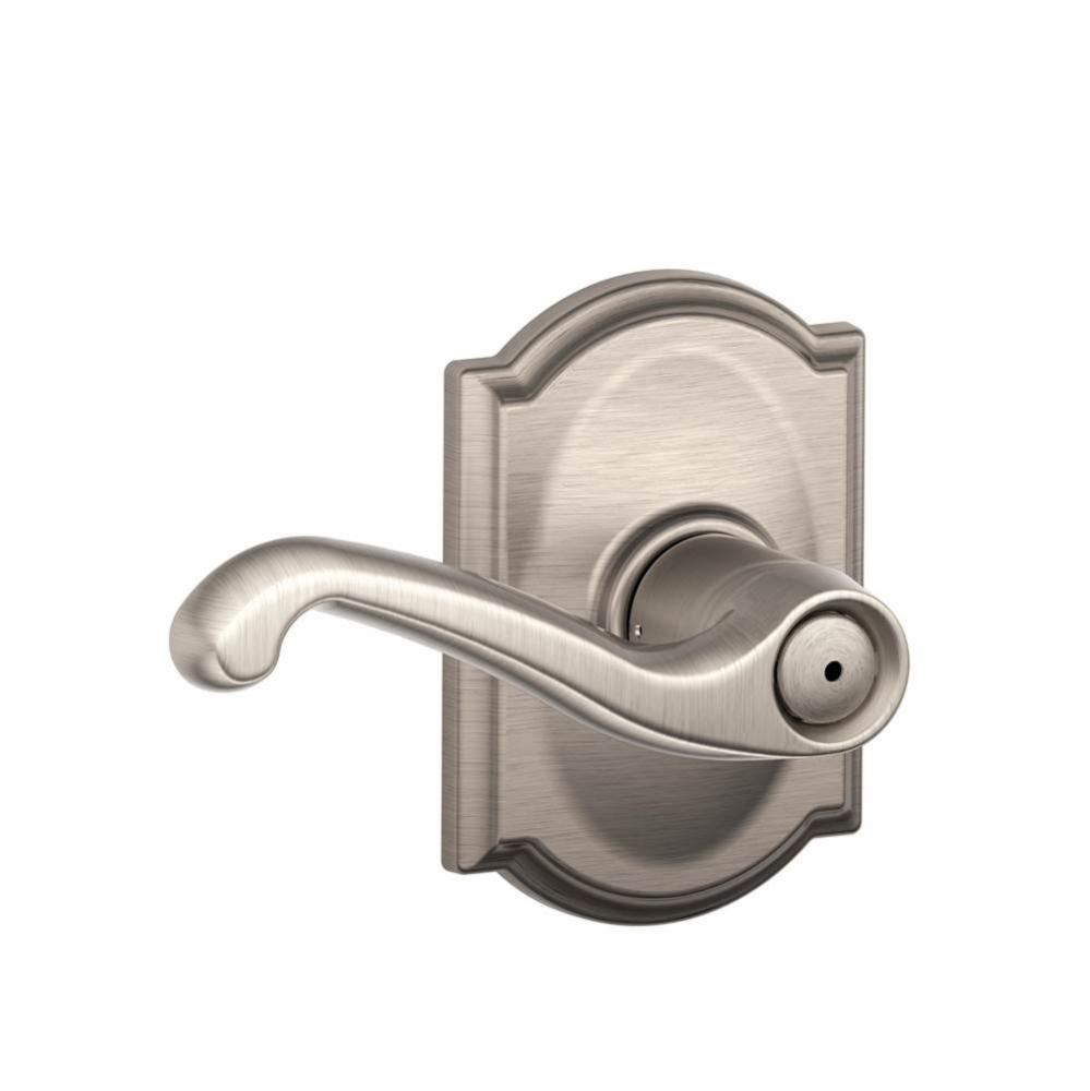 Flair Lever with Camelot Trim Bed and Bath Lock in Satin Nickel