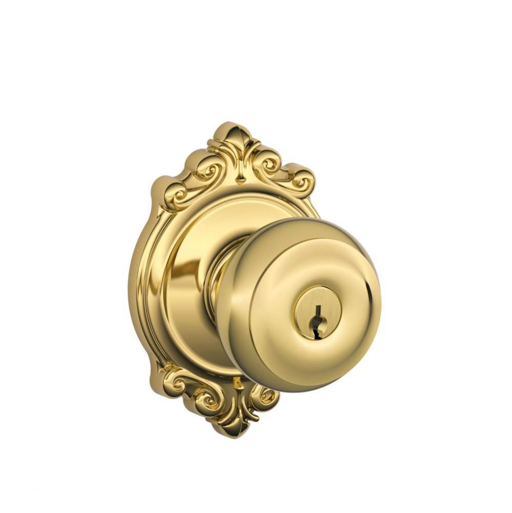 Georgian Knob with Brookshire Trim Keyed Entry Lock in Bright Brass