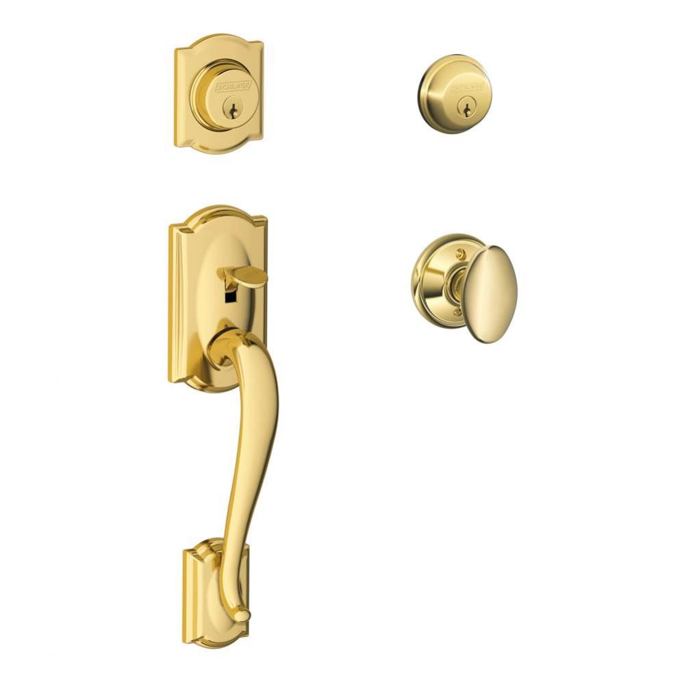 Camelot Handleset with Double Cylinder Deadbolt and Siena Knob in Bright Brass