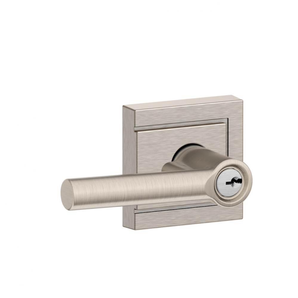 Broadway Lever with Upland Trim Keyed Entry Lock in Satin Nickel