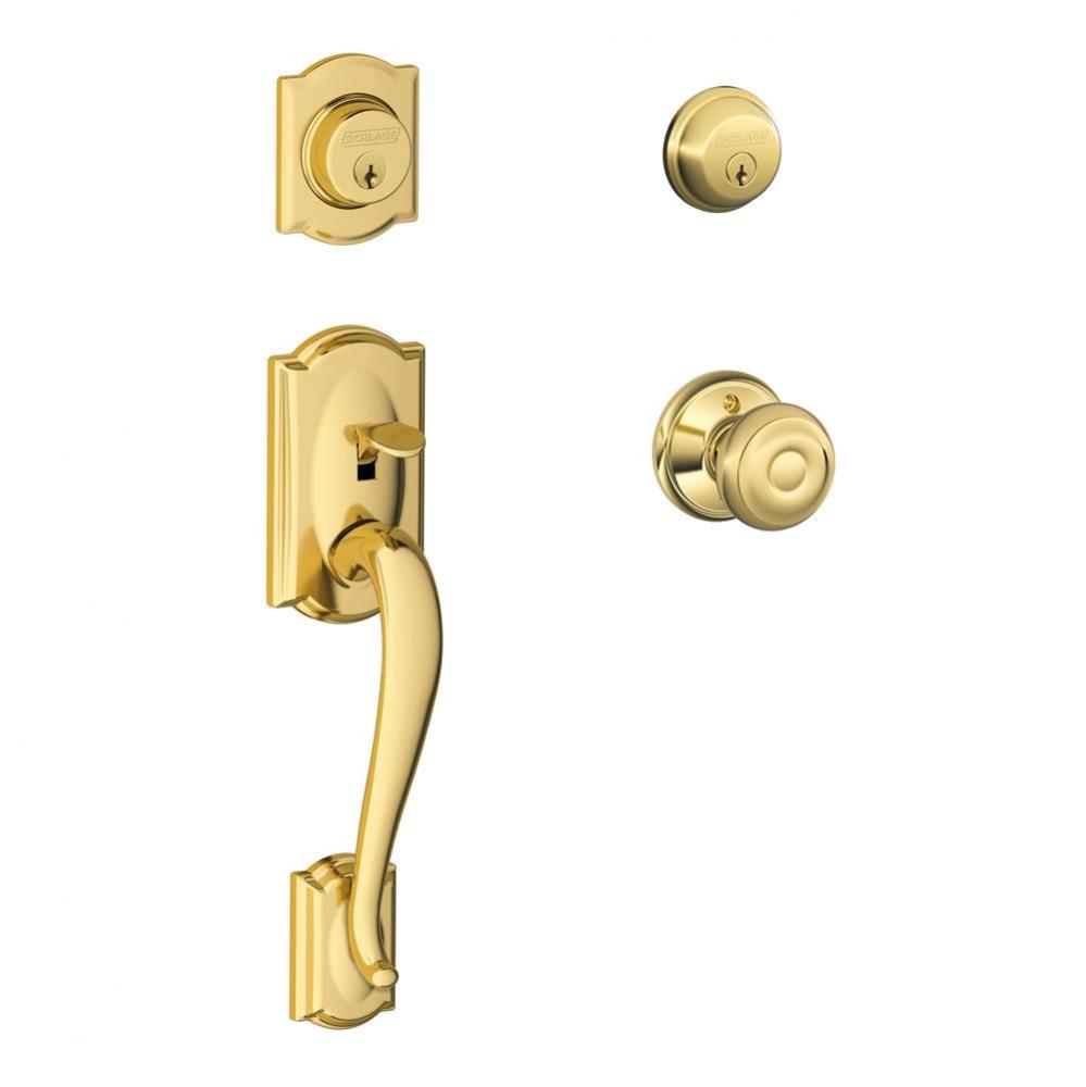 Camelot Handleset with Double Cylinder Deadbolt and Georgian Knob in Bright Brass