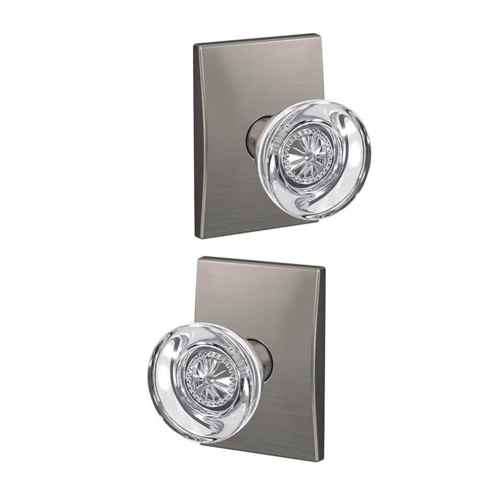 Custom Hobson Glass Knob with Century Trim Hall-Closet and Bed-Bath Lock in Satin Nickel