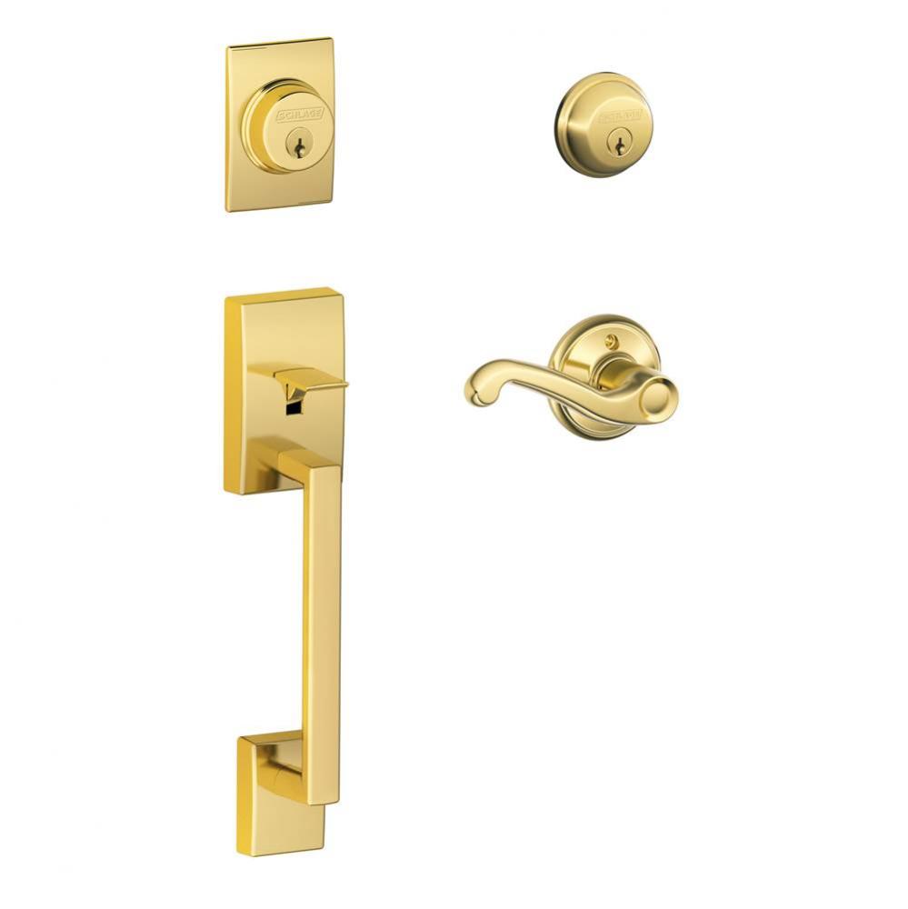 Century Handleset with Double Cylinder Deadbolt and Flair Lever in Bright Brass- Left Handed