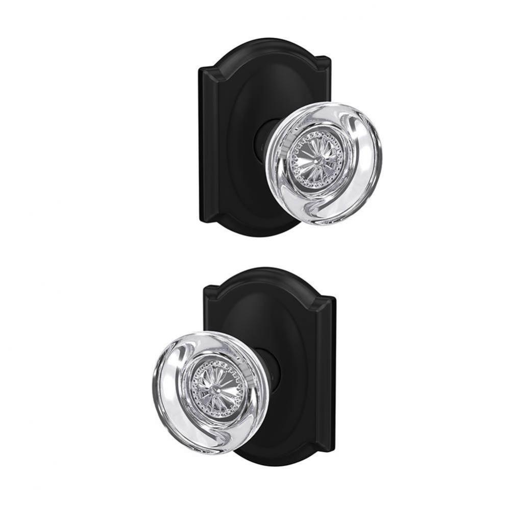 Custom Hobson Glass Knob with Camelot Trim Hall-Closet and Bed-Bath Lock in Matte Black