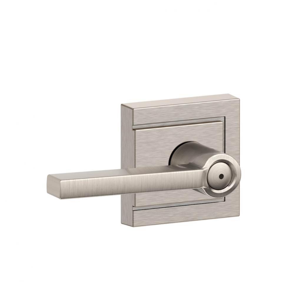 Latitude Lever with Upland Trim Bed and Bath Lock in Satin Nickel