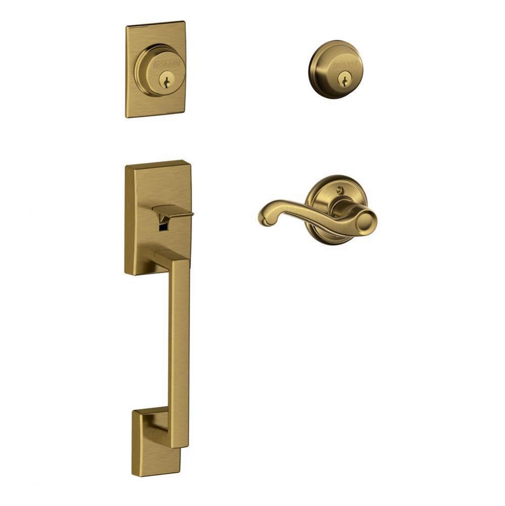 Century Handleset with Double Cylinder Deadbolt and Flair Lever in Antique Brass- Left Handed