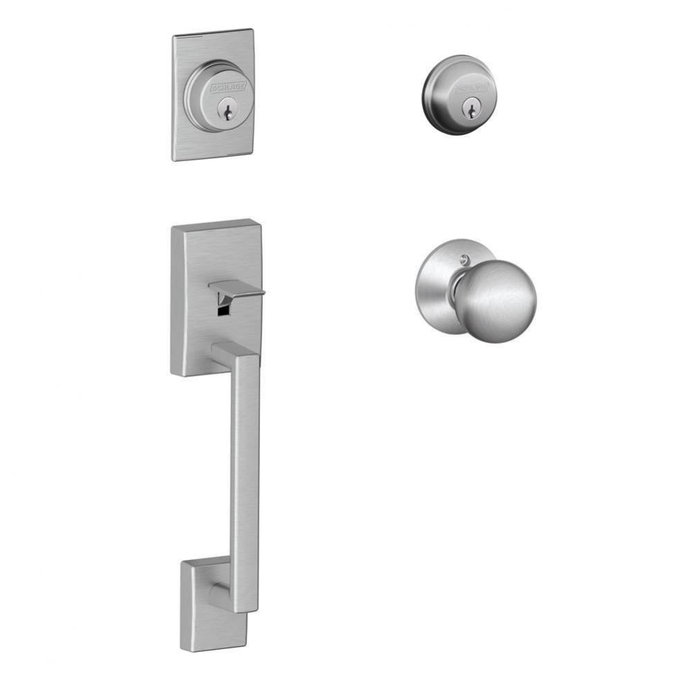 Century Handleset with Double Cylinder Deadbolt and Orbit Knob in Satin Chrome