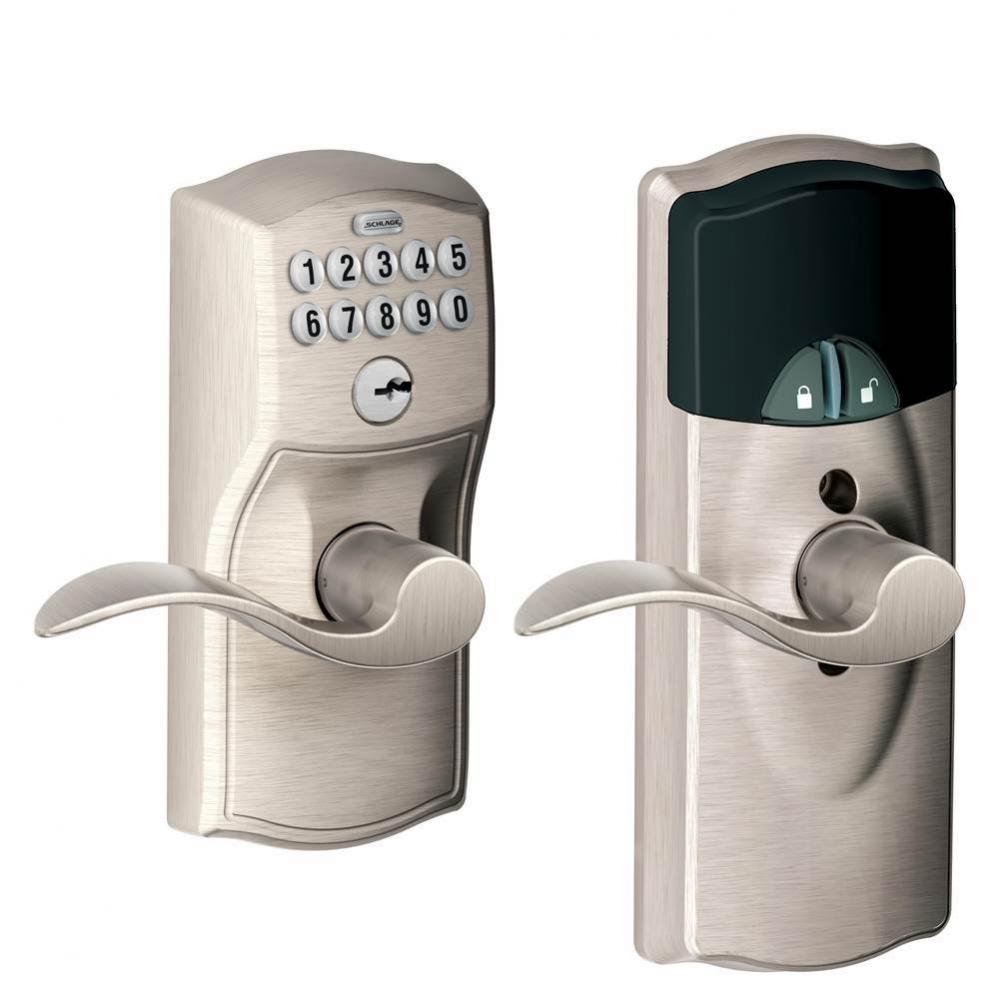 Connected Keypad Accent Lever with Camelot Trim in Satin Nickel