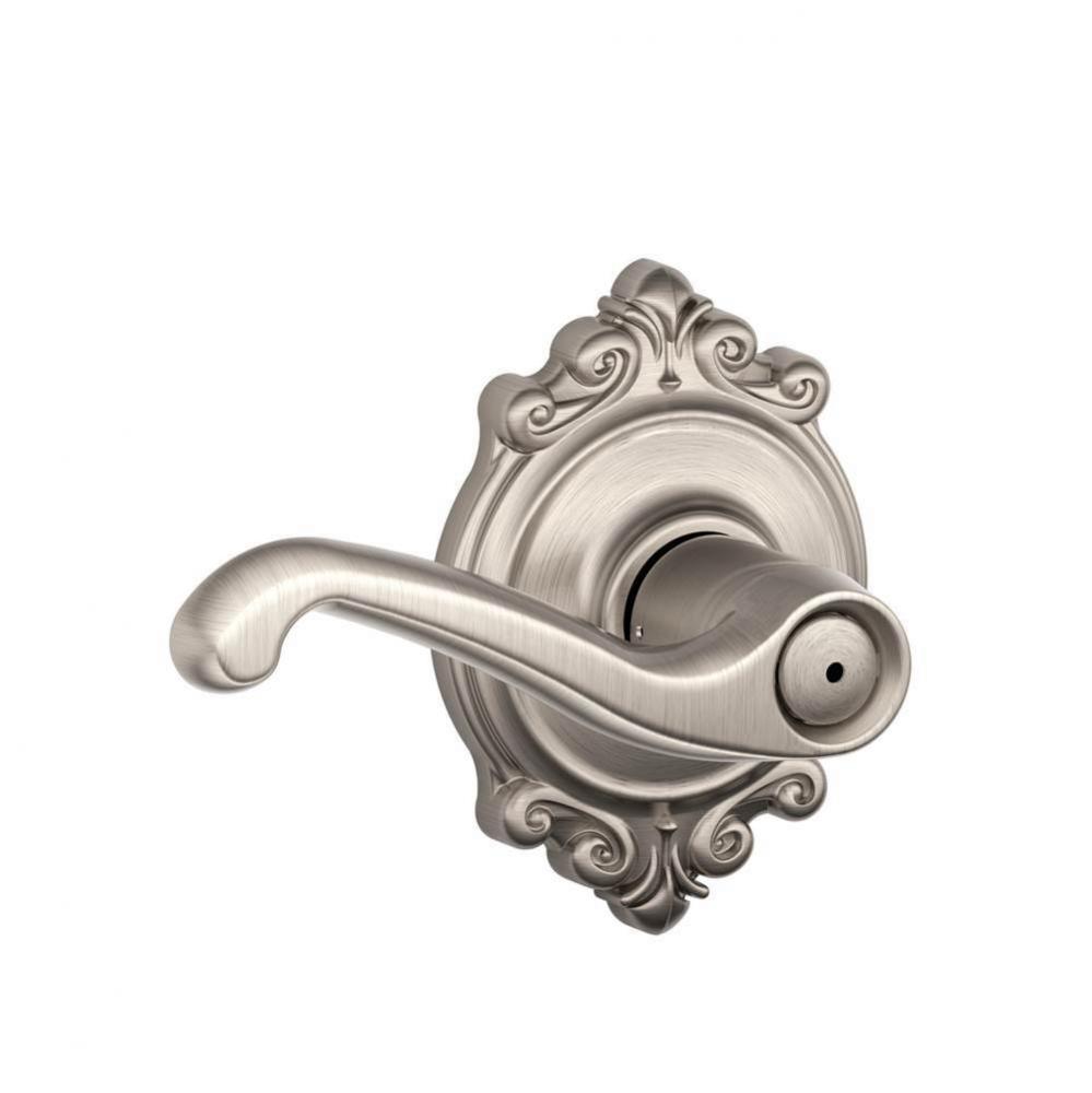 Flair Lever with Brookshire Trim Bed and Bath Lock in Satin Nickel