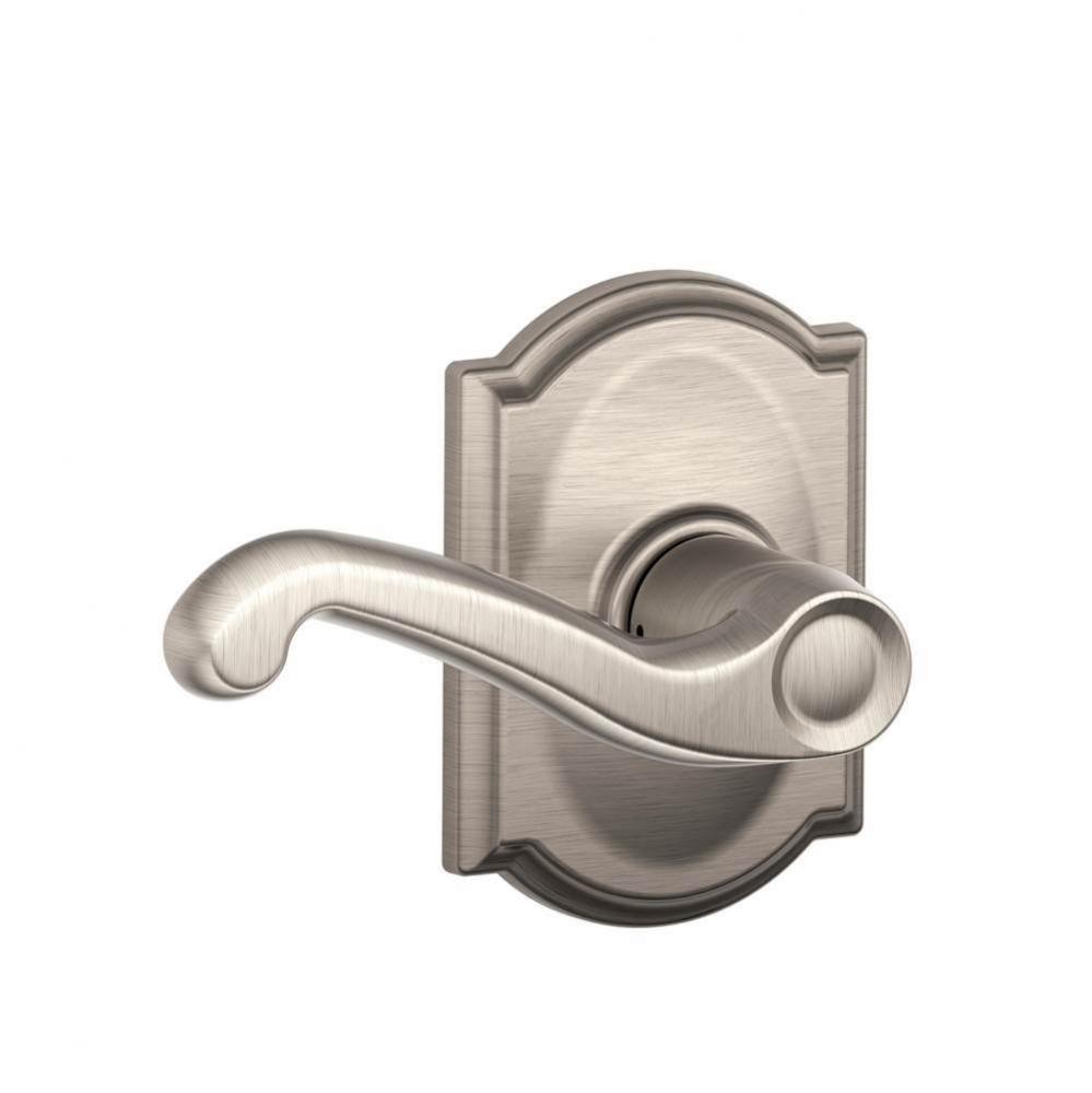 Flair Lever with Camelot Trim Hall and Closet Lock in Satin Nickel