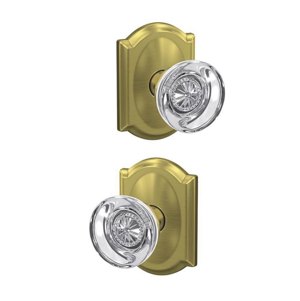 Custom Hobson Non-Turning Glass Knob with Camelot Trim in Satin Brass