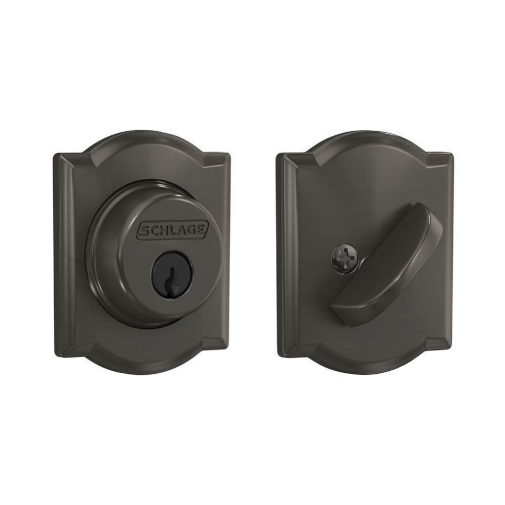 Single Cylinder Deadbolt with Camelot Trim in Black Stainless