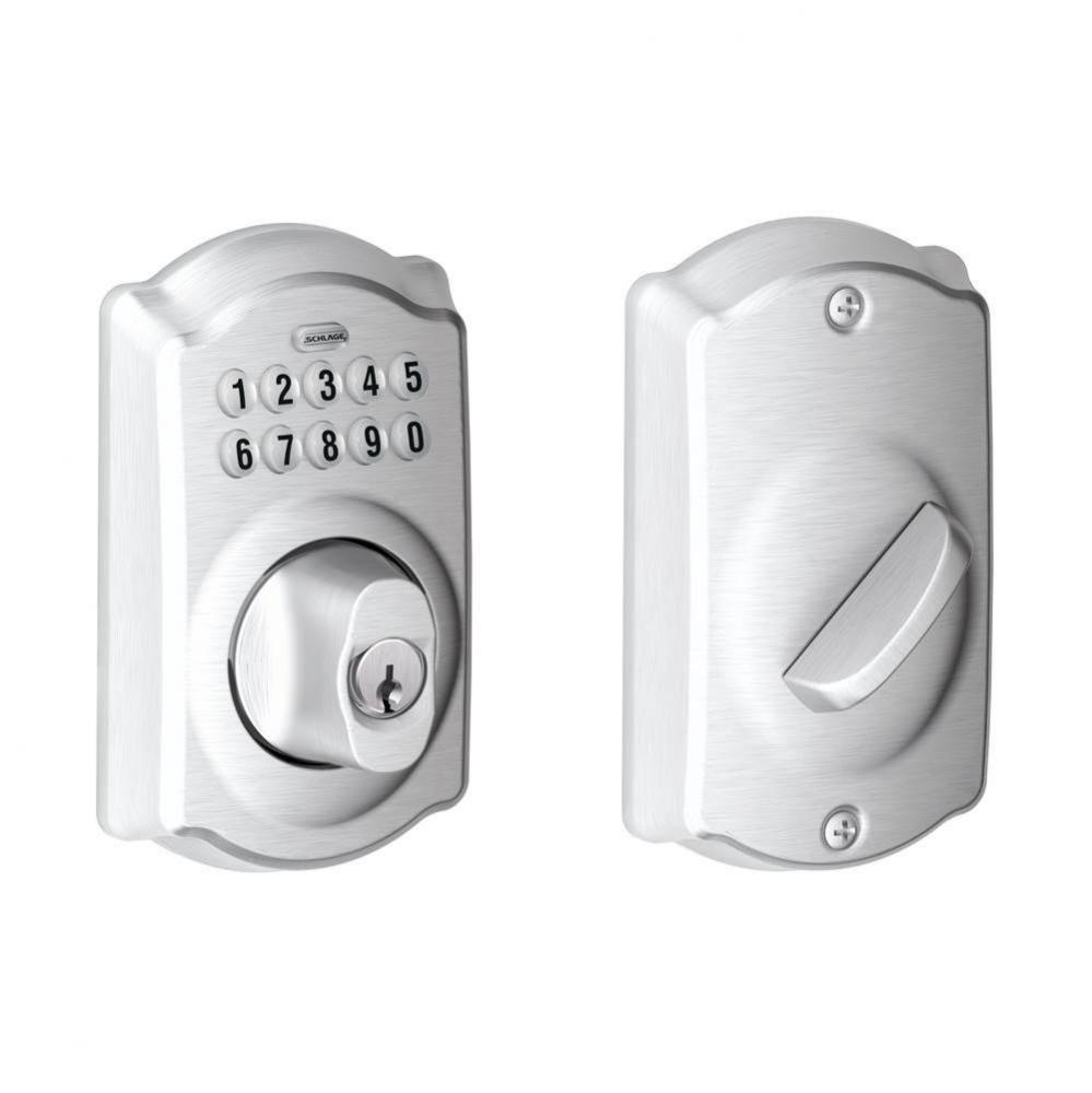 Keypad Deadbolt with Camelot Trim in Satin Chrome