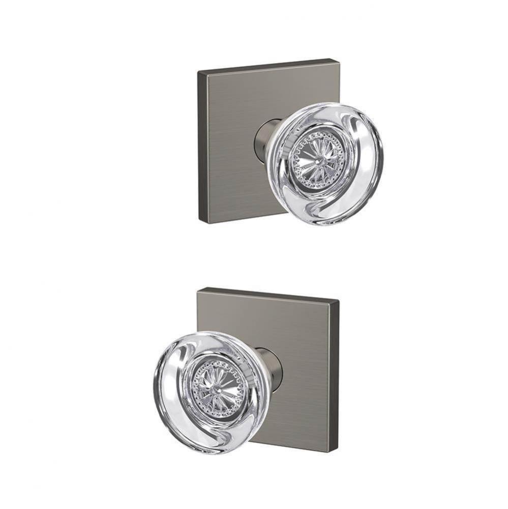 Custom Hobson Glass Knob with Collins Trim Hall-Closet and Bed-Bath Lock in Satin Nickel