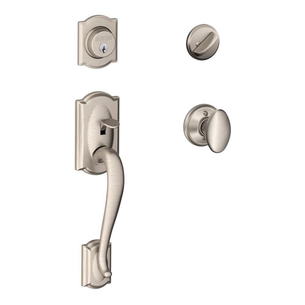 Camelot Handleset with Single Cylinder Deadbolt and Siena Knob in Satin Nickel