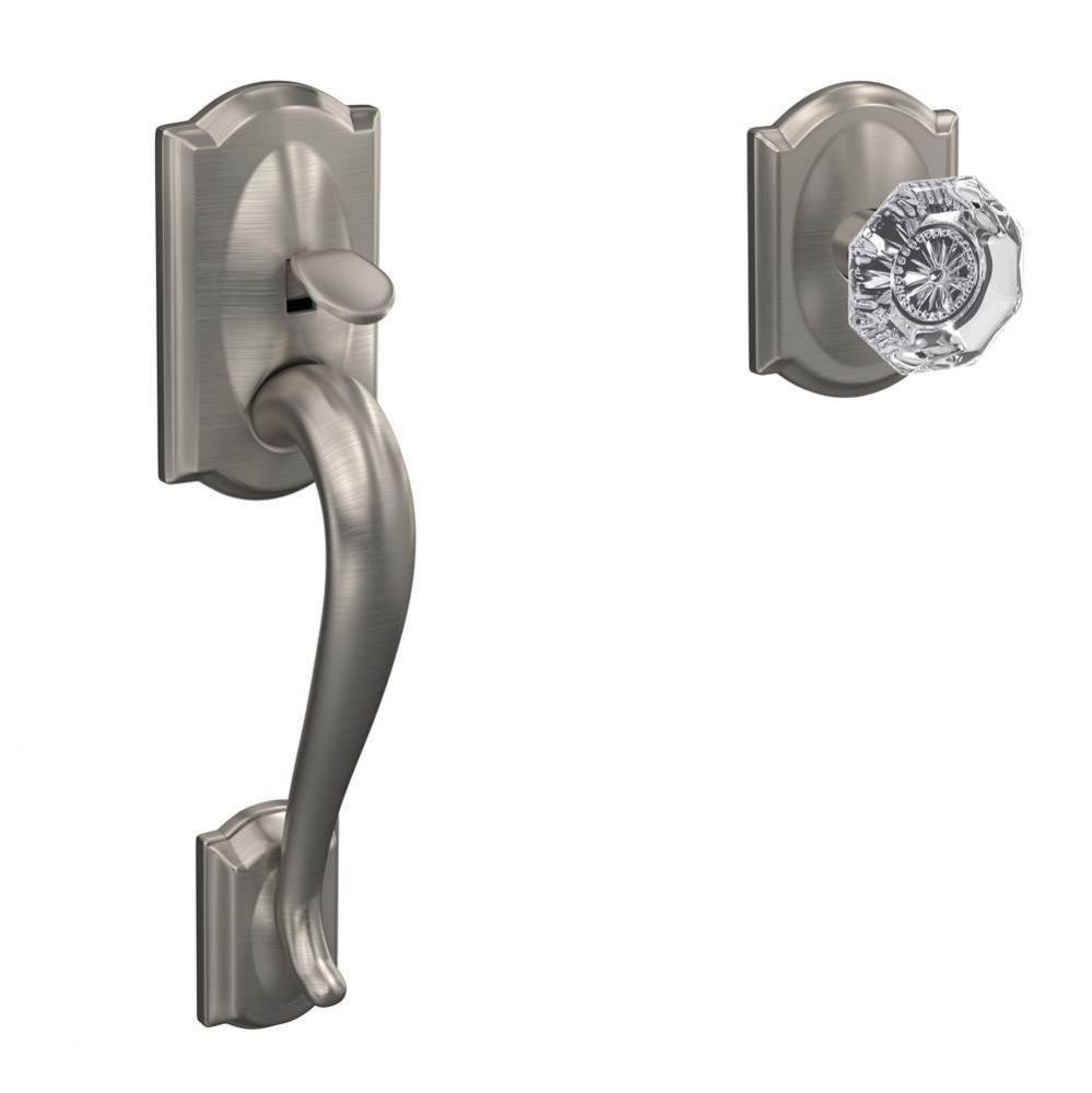 Custom Camelot Front Entry Handle and Alexandria Glass Knob with Camelot Trim in Satin Nickel