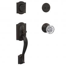 Schlage FC93 CAM 716 HOB KIN - Custom Camelot Inactive Handleset with Hobson Glass Knob and Kinsler Trim in Aged Bronze