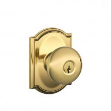 Schlage F51 V PLY 505 605 CAM - Plymouth Knob with Camelot Trim Keyed Entry Lock in Bright Brass