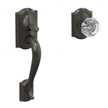 Schlage FC285 CAM 530 ALX CAM - Custom Camelot Front Entry Handle and Alexandria Glass Knob with Camelot Trim in Black Stainless