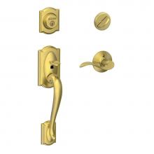 Schlage F60 V CAM 608 ACC - Camelot Handleset with Single Cylinder Deadbolt and Accent Lever in Satin Brass