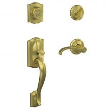 Schlage FC60 CAM 608 WIT ALD - Custom Camelot Single Cylinder Handleset and Interior Whitney Lever with Alden Trim in Satin Brass