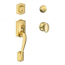 Schlage F62 CAM 605 SIE - Camelot Handleset with Double Cylinder Deadbolt and Siena Knob in Bright Brass