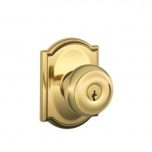 Schlage F51A GEO 605 CAM - Georgian Knob with Camelot Trim Keyed Entry Lock in Bright Brass