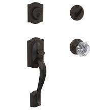 Schlage FC60 CAM 716 ALX ALD - Custom Camelot Single Cylinder Handleset and Interior Alexandria Glass Knob with Alden Trim in Age