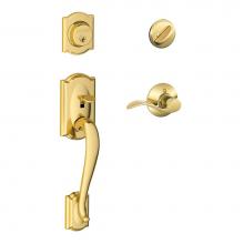 Schlage F60 V CAM 505 ACC 605 - Camelot Handleset with Single Cylinder Deadbolt and Accent Lever in Bright Brass