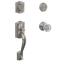 Schlage FC93 CAM 619 HOB KIN - Custom Camelot Inactive Handleset with Hobson Glass Knob and Kinsler Trim in Satin Nickel