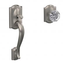 Schlage FC285 GC CAM 619 ALX CAM - Custom Camelot Front Entry Handle and Alexandria Glass Knob with Camelot Trim in Satin Nickel